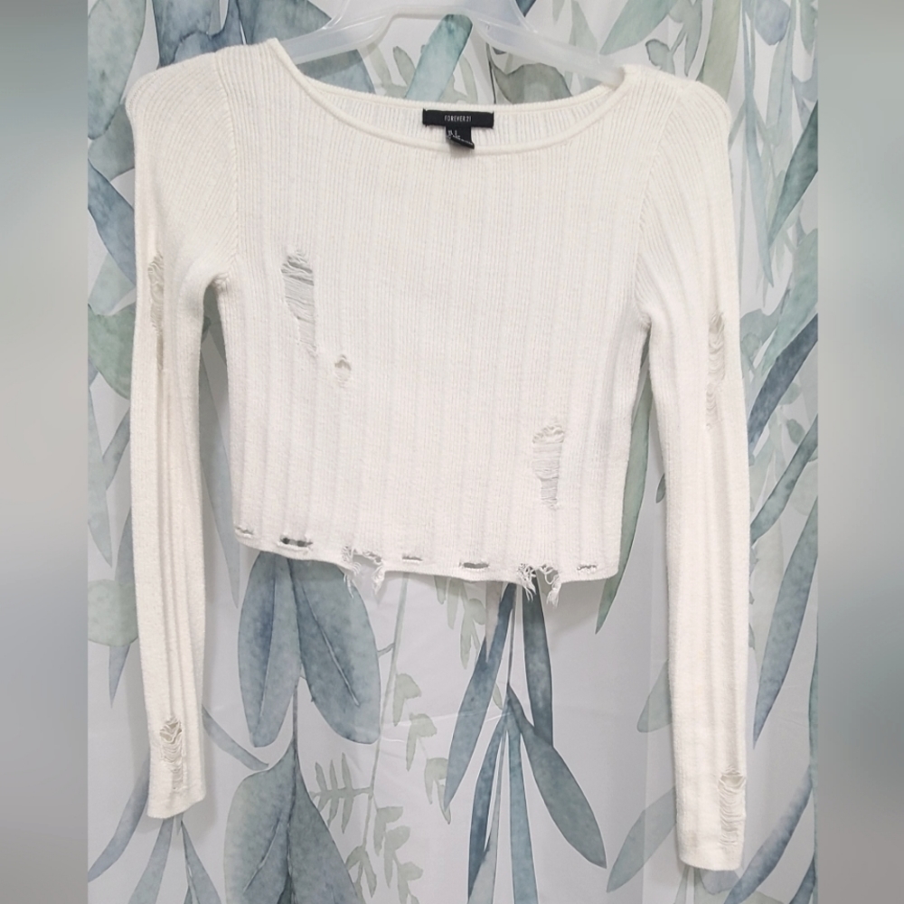 White distressed crop sweater